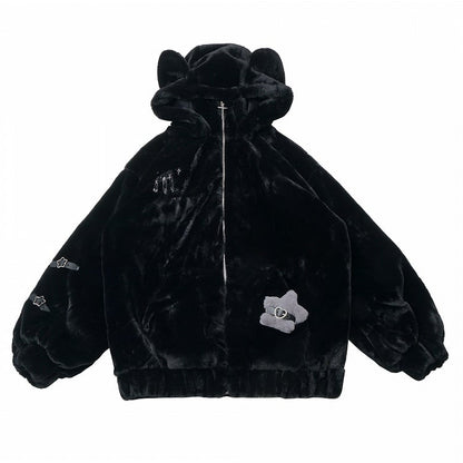 Hooded with Bear Ear Plush Embroidery Black/White Buckle Strap and Lined Pin Accents Coat