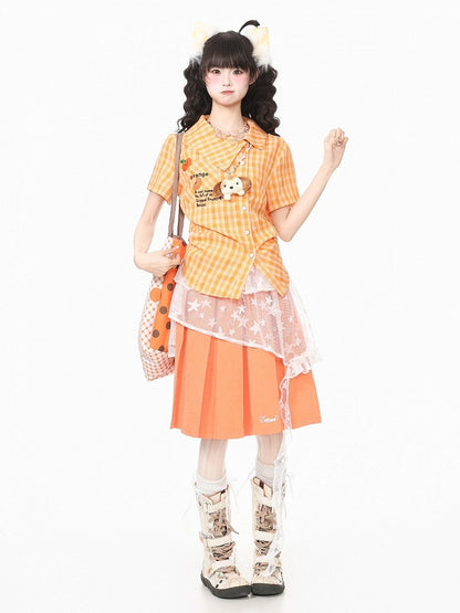Orange Asymmetrical Plaid Shirt with Embroidery - Languid Park
