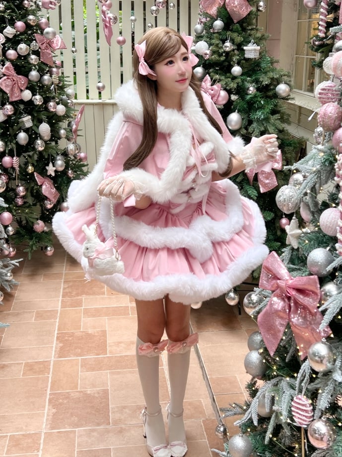 Pink Sweet Winter Lolita Hooded Cape with Oversized Plush Bunny Ears