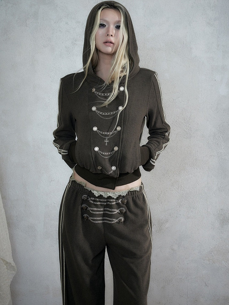 Khaki Green Double-Breasted Hooded Jacket with Chain Embroidery Details, Punk Fashion - NO ROMANCE