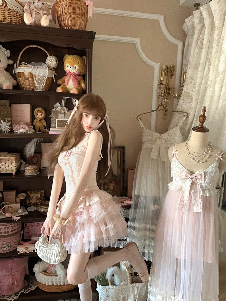 Ruffled  Detachable Bow Lace Bustier Corset With Floral Embroidery Pink