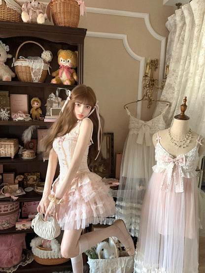 Ruffled  Detachable Bow Lace Bustier Corset With Floral Embroidery Pink