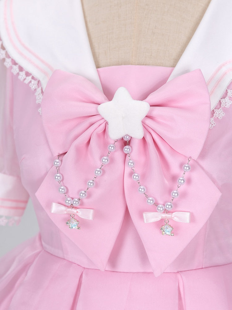 Star Lace Trimmed Sailor Collar Short Sleeves Pink Lolita-inspired Casual Dress with Free Bowtie - Magical Girl - DevilInspired Exclusive Collection