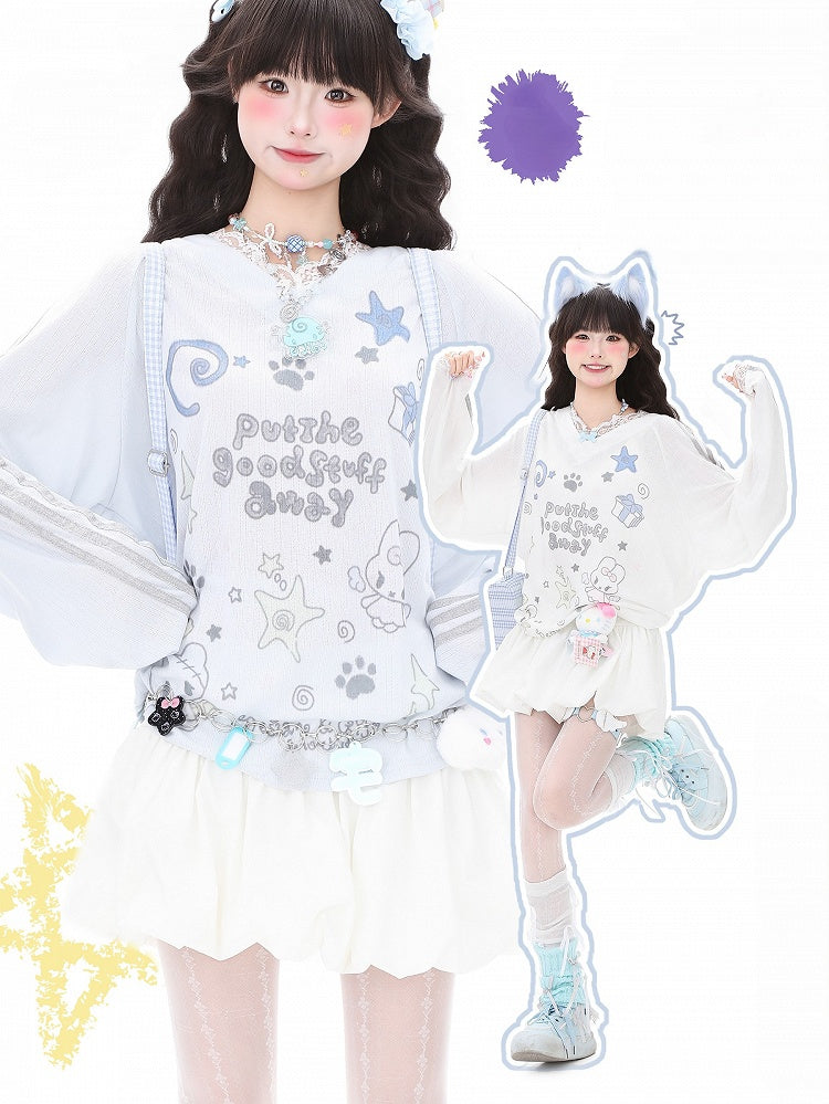 Lace and Sleeve Top Adorable Print Long Trim Letter White/Blue V-Neck with