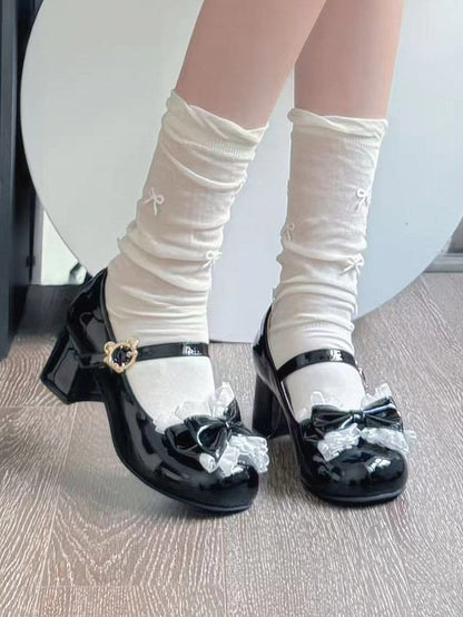 with Mid Black PU - Round Bow Janes Top Toe Mary Heel