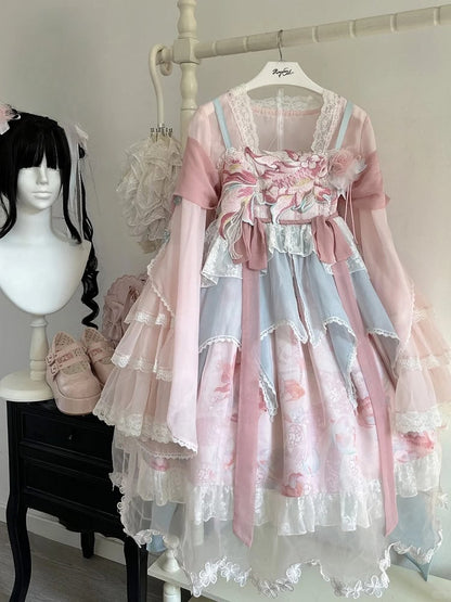 Lolita Overlay Floral Trim Edge Han with Scalloped Dress Golden JSK Blue Embroidery and Print Pink Fish