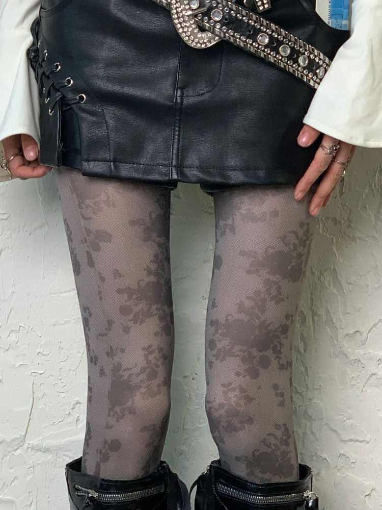 Gothic Grau-lila Y2K Blumenstrumpfhose