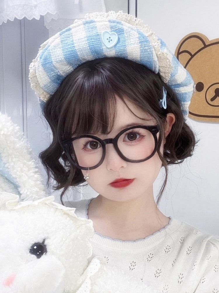 Heart-Shaped Button Hat Lace Blue Beret with Trim Plaid White