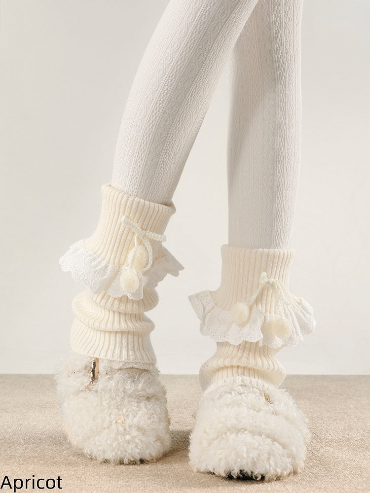 Warmers with Lace Collar 5 Pom-Poms Colors Trim Leg Turn-Down