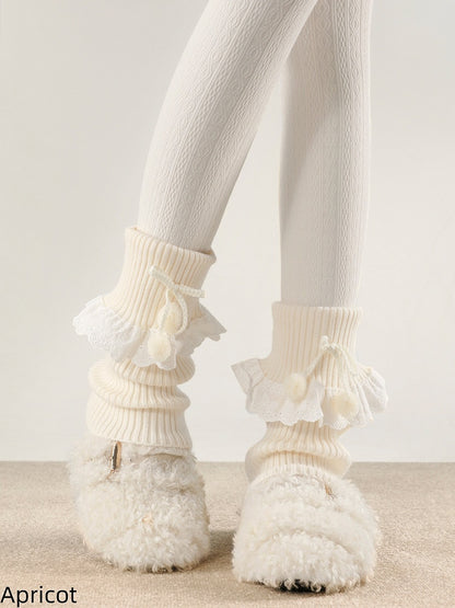 Warmers with Lace Collar 5 Pom-Poms Colors Trim Leg Turn-Down