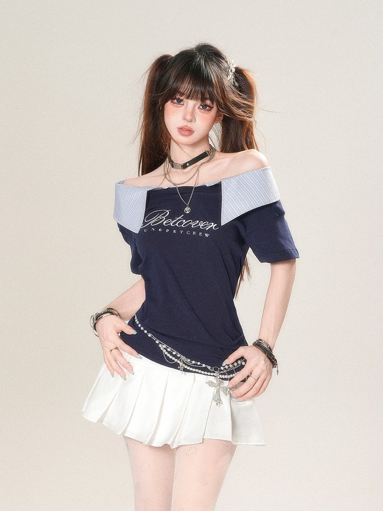 T-Shirt Foldover Navy Striped Neckline with Letter Blue Print Glamorous Collar - Asymmetrical