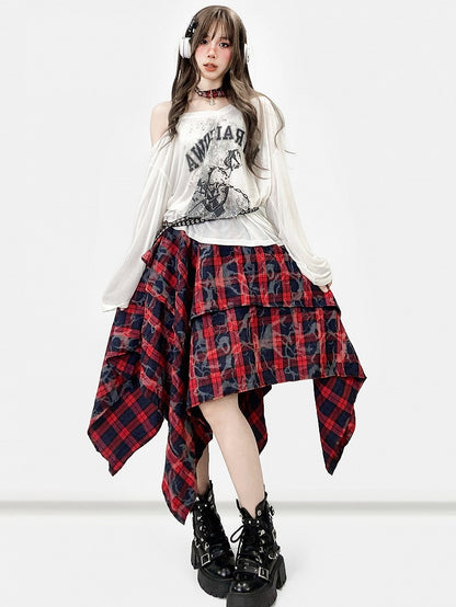 非対称プリントトップス、ネックライン、長袖、ホワイトデザイン