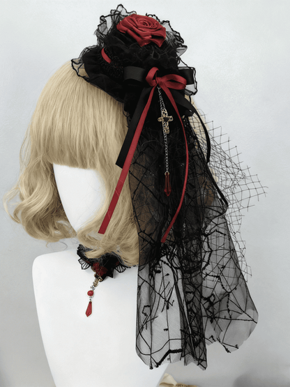 Veil Black Lace With Red Detachable Rose Wine Gothic Bow Hat Mini