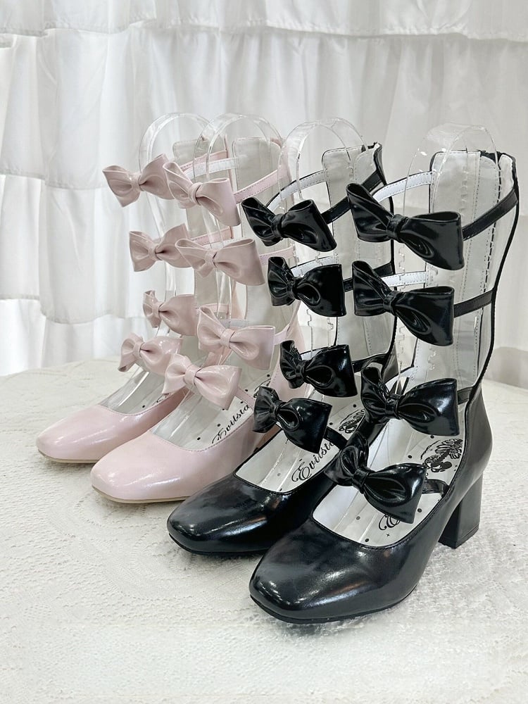 Pink Lolita Square Toe Boots with Back Zip, 6.5CM/3CM Heel - EvilStar