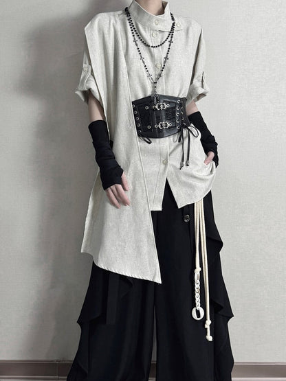 and Belt Short Collar Lace-up with Green Shirt Light Sleeve Mandarin Black Corset Design