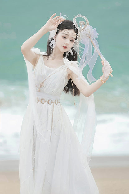 White Greek-inspired Lolita Flowing Bow Shoulders Maxi Dress with Gold Chains - Xiong Dou Jiang