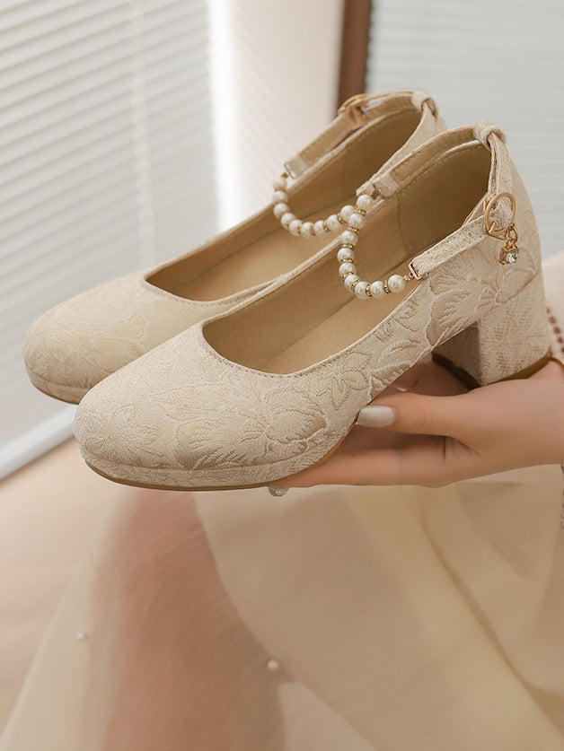 Beige Block Floral Janes Beaded 5cm Pattern Mary - Heel Lolita with Strap Qi Satin