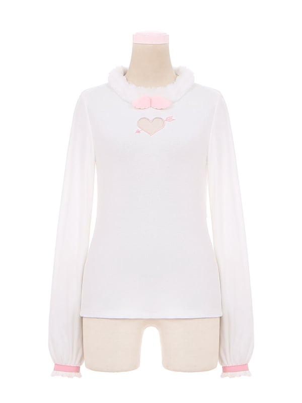 Heart Design White Plush Neckline Top