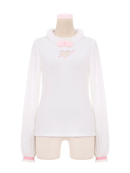 Heart Design White Plush Neckline Top