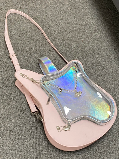 Guitar-Shaped Bag Accents Cute Heart Dreamy Ita With Style 2-Way Pink Chain Y2K