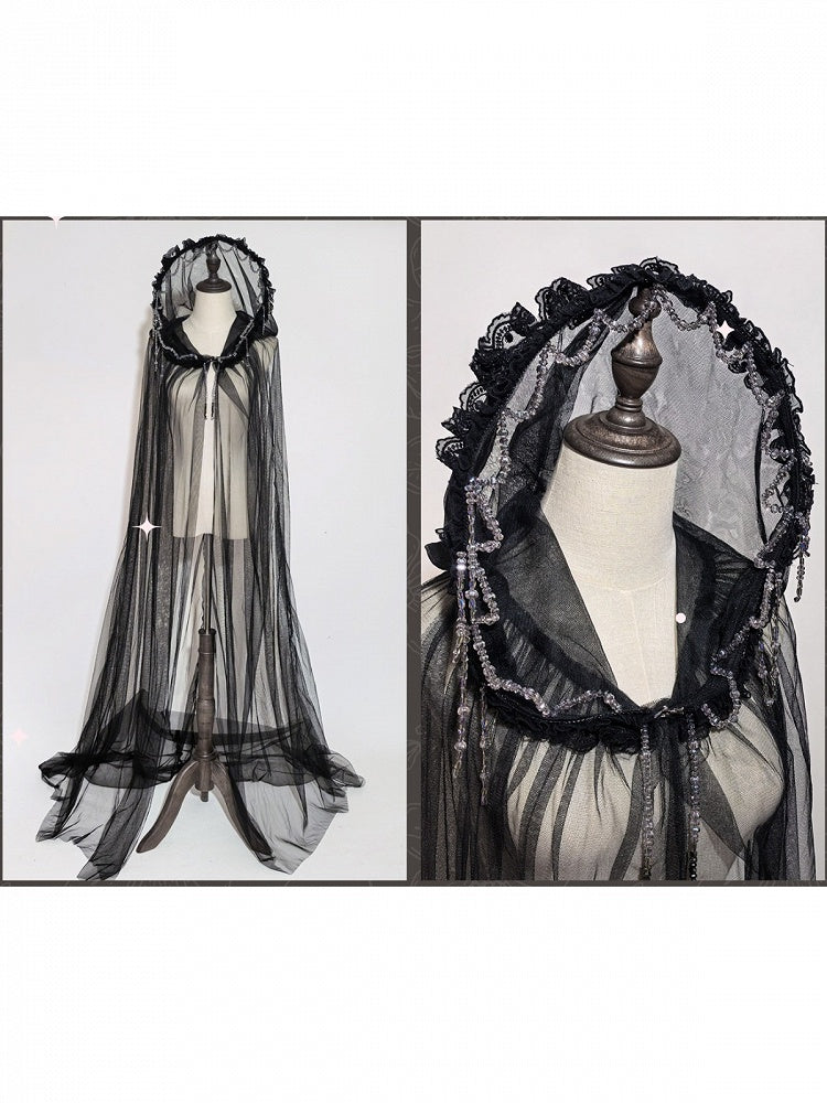 Sheer Hooded Long Lolita Cape with Bead Accents in Black White - Sweet Wood Lolita
