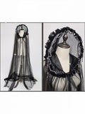 Sheer Hooded Long Lolita Cape with Bead Accents in Black White - Sweet Wood Lolita