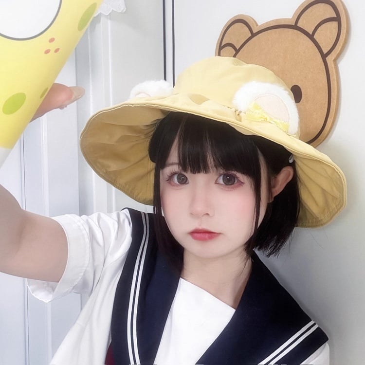 Yellow Cute Hat Ears Plush Bear Accents Bow with