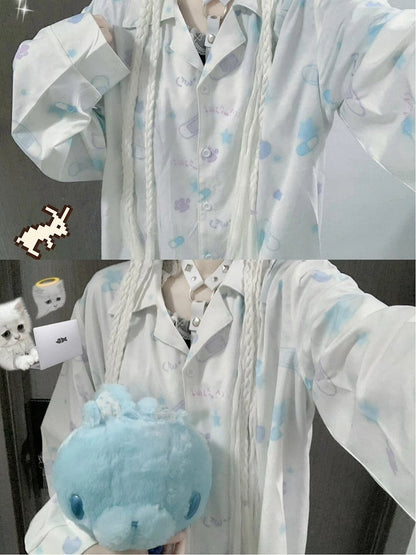 Set White Print Top Band-Aid Kitten Pants Kawaii Loungewear Yami |