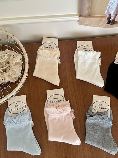 Details Rosa/Blau/Schwarz/Weiß/Gelb/Graue Wadensocken mit Rüschenbündchen und Schleife