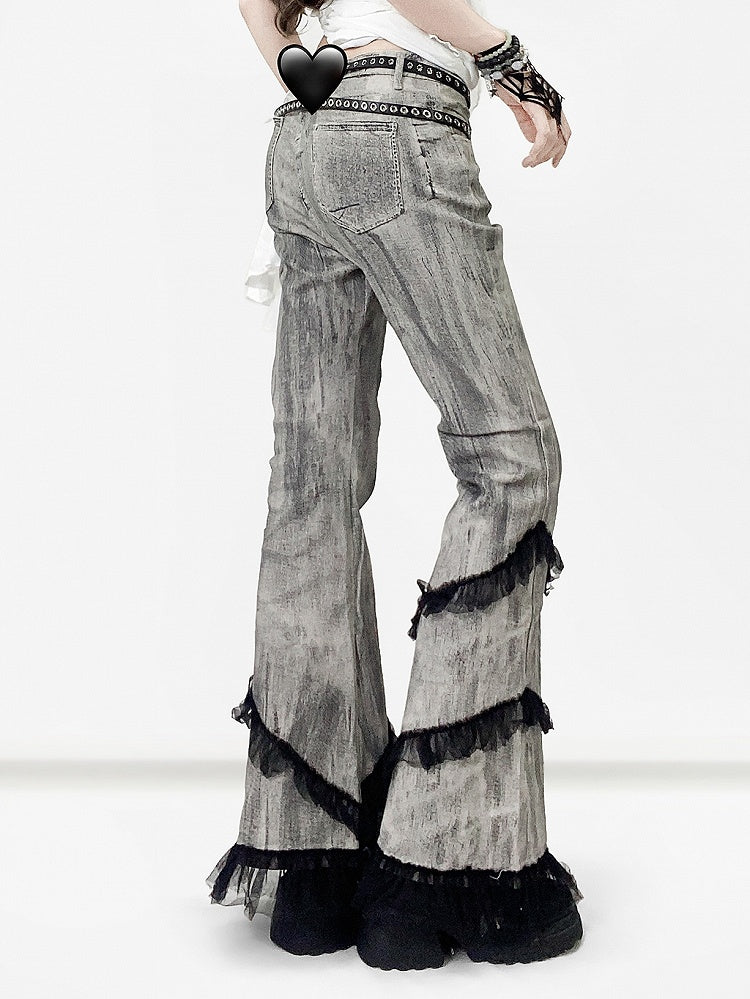 Bittersüße Trim Krawatte Grau Smoky Dye Jeans Silhouette Spitze Flare