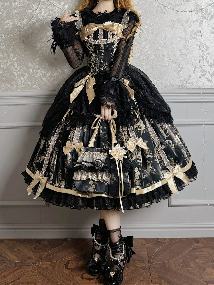 Overlay Taille Korsett Kordelzug Schwarz Rock Lolita Pullover und Gold