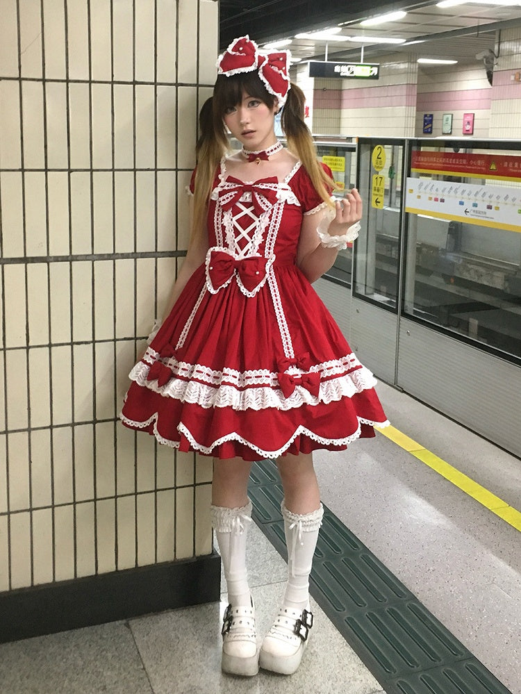 Old School Stück und Quadrat Kleid Baumwolle Kurze Rote Puffärmel Ein Ausschnitt Lolita