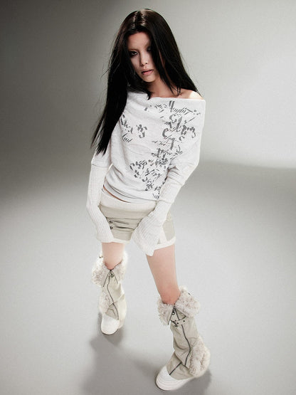 White Knit Vintage Print Top Punk with Drop Sleeves Off-Shoulder Totem Shoulder