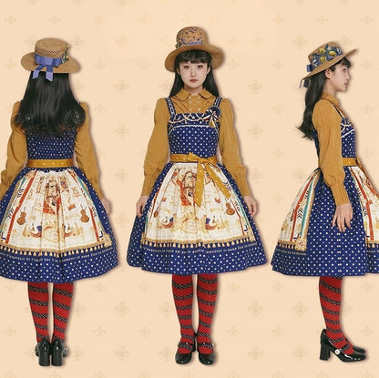 Dark Blue Musical Print Elegant Lolita Jumper Skirt - Crucis Universal Tailor Company