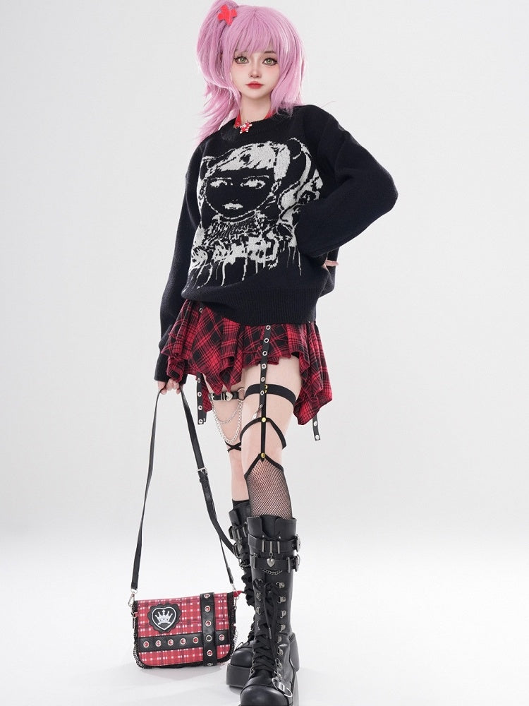 ワインレッド/ブラック Y2K ガール柄セーター（フリーチョーカー付き）