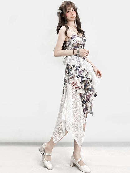 Bittersweet Cami Trim Holiday Flounce Print Letter Dress Lace Hem White Asymmetrical