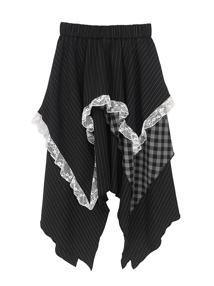 Hem Maxi Dress with Plaid  Stripe Patchwork and Lace Trim Black Handkerchief