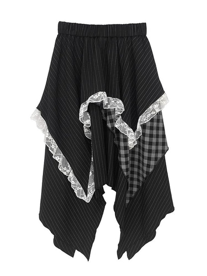 Hem Maxi Dress with Plaid  Stripe Patchwork and Lace Trim Black Handkerchief