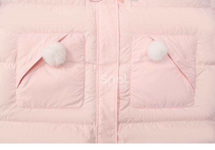 Rosa Daunenmantel mit Kapuze und Plüschbesatz mit süßem Bären und Kätzchen