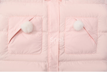 Rosa Daunenmantel mit Kapuze und Plüschbesatz mit süßem Bären und Kätzchen