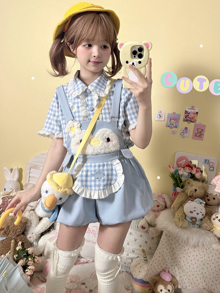 Little Penguin – Blaue, süße Overalls mit Bubble-Shorts