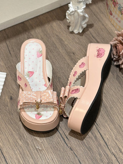 Lolita Top Print Wa Plattform Rosa Hausschuhe Erdbeere an Schleife
