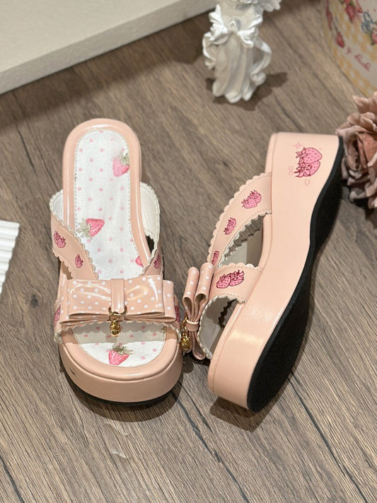 Lolita Top Print Wa Plattform Rosa Hausschuhe Erdbeere an Schleife
