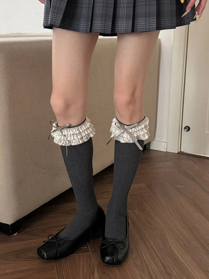 Stockings Bow Cuffs Ruffled with Ribbed Lace