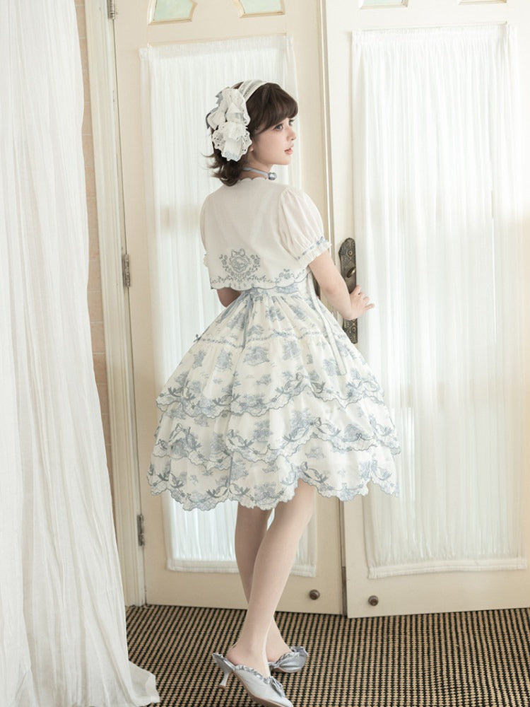 White & Blue Floral Embroidered Cape with Bow Accents - CEL