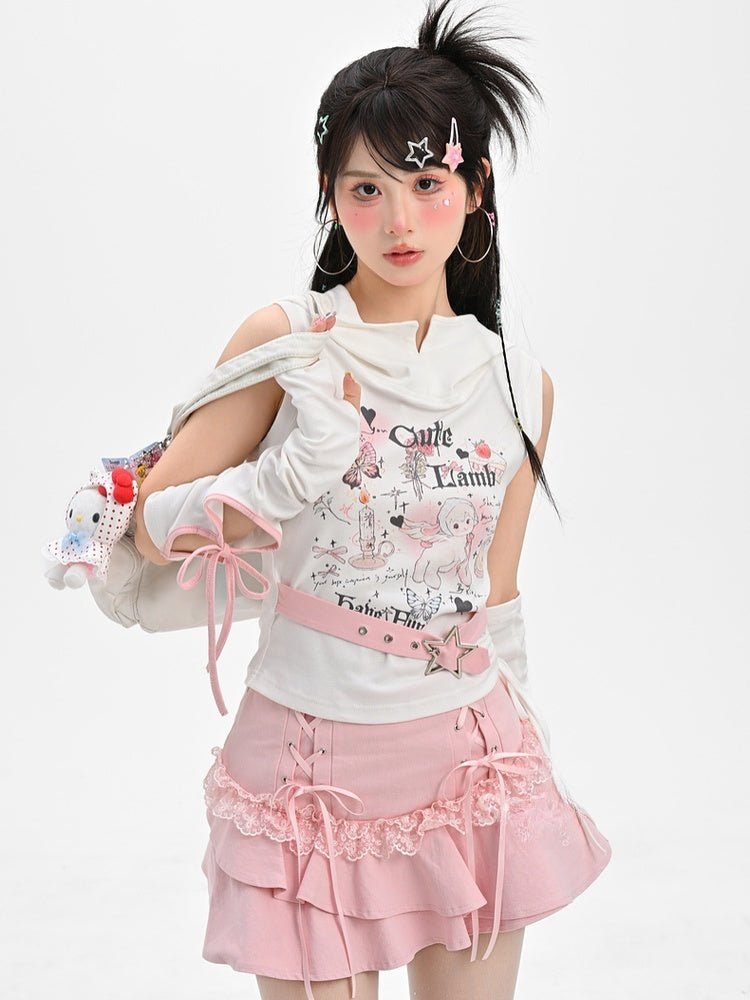 Buckle Armwear Lamb Print White Hooded Free Y2K Cute Tank Top with Star