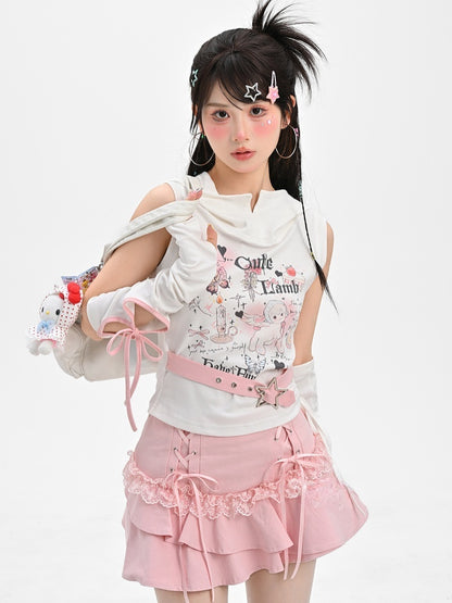 Buckle Armwear Lamb Print White Hooded Free Y2K Cute Tank Top with Star