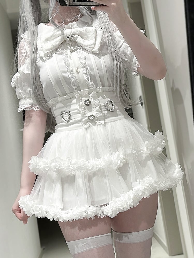 Black Tiered Back / Skirt Jirai Ties Kei Mesh and Beaded White Sweetheart with