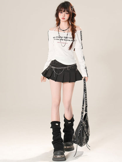 Ausschnitt Off-the-Shoulder Ärmel Letter Print Top Bittersweet Schwarz/Weiß Lang Glamourös