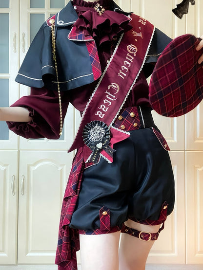 Black and Red Gryffindor Plaid Pattern Ouji Lolita Set Cape + Shorts